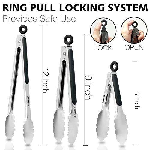 Anaeat Premium Kitchen Locking Tong Set of 3 - Heavy Duty Stainless Steel Food Tongs with Long Handle & Non-Slip Silicone Grip for Cooking, Baking, Grilling - Heat Resistant up to 480°F - color: 3 Pcs Stainless Steel - Black, size: 7+9+12 Inch