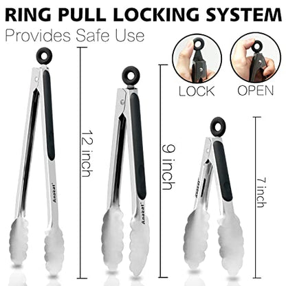 Anaeat Premium Kitchen Locking Tong Set of 3 - Heavy Duty Stainless Steel Food Tongs with Long Handle & Non-Slip Silicone Grip for Cooking, Baking, Grilling - Heat Resistant up to 480°F - color: 3 Pcs Stainless Steel - Black, size: 7+9+12 Inch