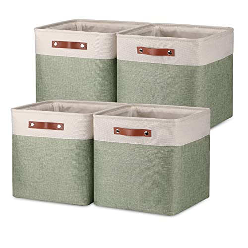 Temary Cube Storage Baskets for Shelves 4pack Fabric Storage Basket for Organizing Clothes, 13 Inch Storage Cubes with Leather Handles, Closet Baskets (White&Green) - color: Green, size: 13 x 13 x 13