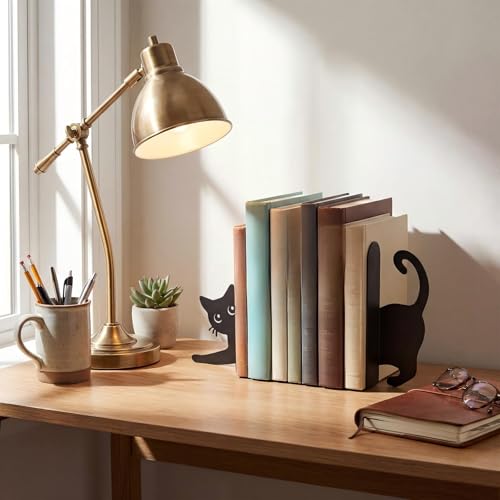 Stretching Black Cat Book Ends for Shelves Decor Set of 2 Styles | Book Shelf Accessories, Metal, Book Stopper for Office Home, Cute Cat Design, Gift for Cat Lovers and Kids - style: Stretching Cat
