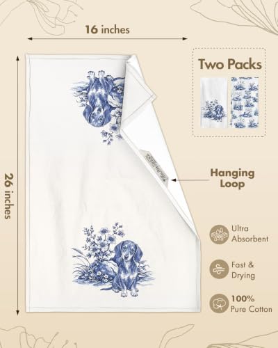 Flour Sack Kitchen Towels Set of 2, 18x26 Inch, Dachshund Dog | 150GSM Cotton, Lint-Free, Quick Dry, Hanging Loop, Lightweight Tea Towels, French Home Decor, Chinoiserie, Housewarming Gift - color: Dachshund Dog