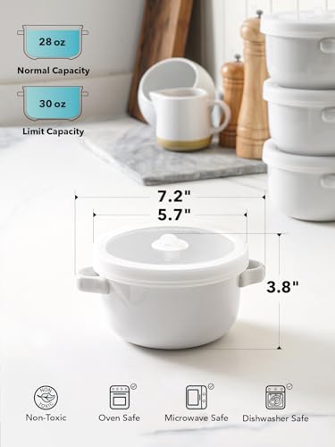 LE TAUCI Soup Bowls With Handles 28 oz and Silicone Lids, French Onion Soup Bowl for Chili, Beef Stew, Cereal, Ceramic Soup Crocks oven Safe, Microwave Dishwasher Safe - 5.5 inch, Set of 4, White - color: White+Lid