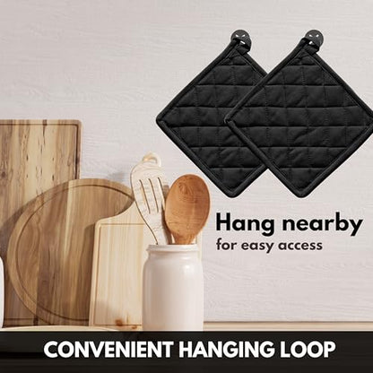 Oven Mitt & Pot Holder 100% Cotton Easter Heat Resistant Oven Gloves (7"x13") & Hot Pads (8"x8") Combo for Gifts, Cooking - Black - color: Black