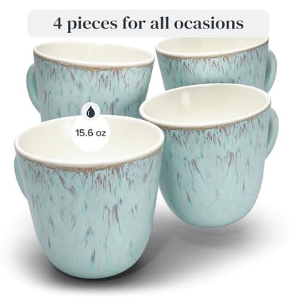 Stoneware Coffee Mug Set of 4, Stylish Modern Beige-Blue Cups, 14.5 Oz Ceramic, Dishwasher and Microwave Safe, Solid Mediteran Set - color: beige / beige-blue, size: Mugs (4x)