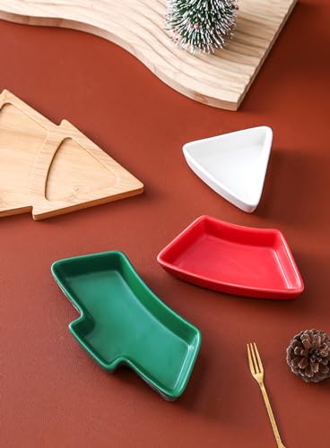 Colorful Christmas Tree Plate Chip & Dip Set, 12'' Ceramic Snack Plate with Bamboo Tray, Removable Porcelain Christmas Tree Appetizer Dessert Fruit Salad Saucers Bowl Cutlery Platter Serving Dish