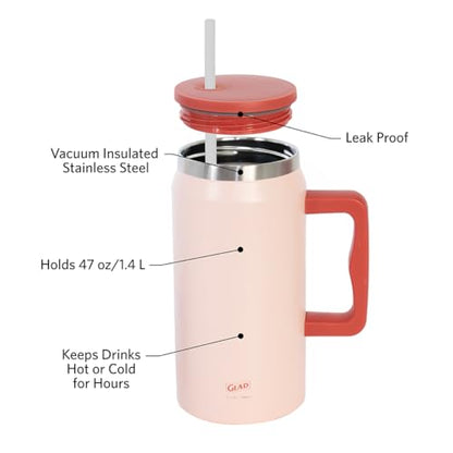 Glad Pioneer Stainless Steel Tumbler with Lid and Straw - Double Walled Insulated Cup with Handle - Leak Resistant & Drinks Stay Cold All Day, 47oz, Rust - color: Rust, size: 47 Ounces