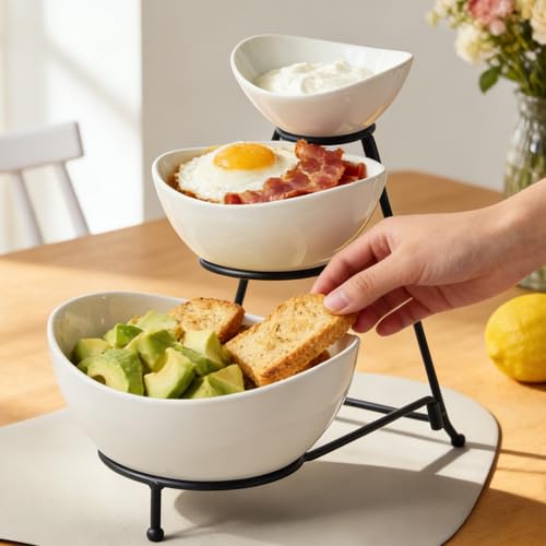Gomakren 3 Tiered Serving Bowl Set, Chip and Dip Serving Set with Stand | Multi-Capacity Porcelain Bowls Holiday Party Display | Stable Serving Tray, Easy Store | for Fruit Appetizer Entertaining - color: Black Stand