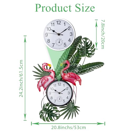 Outdoor Clock and Thermometer Combo | Silent Non-Ticking, Flamingo Outdoor Wall Clock, Metal Wall Art Decor for Patio, Garden, Home Decor - style: Flamingo with Leaves