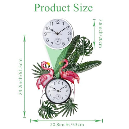 Outdoor Clock and Thermometer Combo | Silent Non-Ticking, Flamingo Outdoor Wall Clock, Metal Wall Art Decor for Patio, Garden, Home Decor - style: Flamingo with Leaves