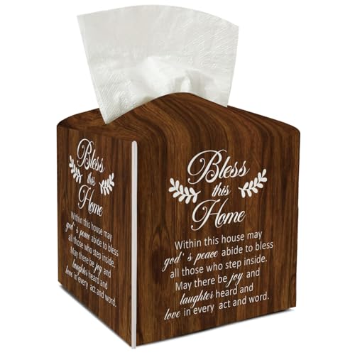 Bless This Home Leather Tissue Holder with Bottom Belt Ideal for Women Housewarming Gift Tissue Box Cover Bathroom Car Nightstand Vanity Kitchen Decor Waterproof Napkin Organizer Dispenser - FS697 - color: Brown 01