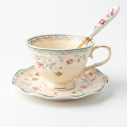 Noviko 6 oz Floral Tea Cups and Saucers Flower Ceramic cup | Set of 1, Afternoon Tea Party Gift for Women, Mom - color: Multicolor C