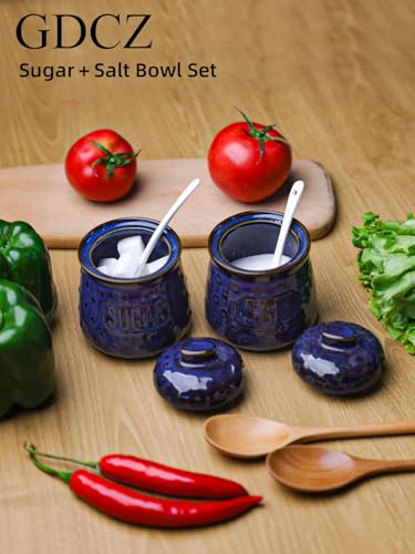 GDCZ 10 Oz Ceramic Salt and Sugar Bowls Set with Lid and Spoons (Blue) | Convenient Set of 2 for Kitchen, Includes Lids & Matching Spoons, 10oz Capacity, Embossed Pots - color: Blue