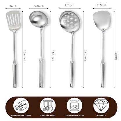 4-Piece Cooking Utensils Set, Stainless Steel Kitchen Utensils, Metal Kitchen Tools Include Solid & Slotted Turner Wok Spatula, Serving Spoon, Ergonomic Handle, Easy to Clean