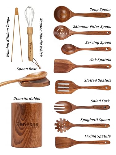 Kitchen Utensils Set, 12 Piece Teak Wooden Utensil Set for Cooking, Premium Teak Cooking Utensils, Non Toxic Wooden Spoons & Spatulas, Heat Resistant Kitchen Tools for Nonstick Cookware