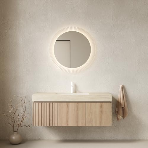 48" Floating Bathroom Vanity with Sink, MURI Wall Mounted Plywood Cabinet, Sintered Stone Countertop, Ceramic Basin with 1 Faucet Hole, Drawer & Door Storage, Pre-Assembled, Beige Top White Oak - color: White Oak,beige Travertine-pattern Top, size: 48"+Be