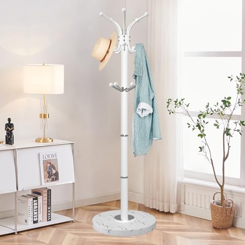 ZOZOE Metal Coat Rack Stand, Modern Coat Rack Freestanding with Natural Marble Base, 360° Rotary Design Coat Racks with 14 Hooks,White Coat Tree Hanger Stand for Bags,Hats,Entryway,Office - color: White 14 Hooks