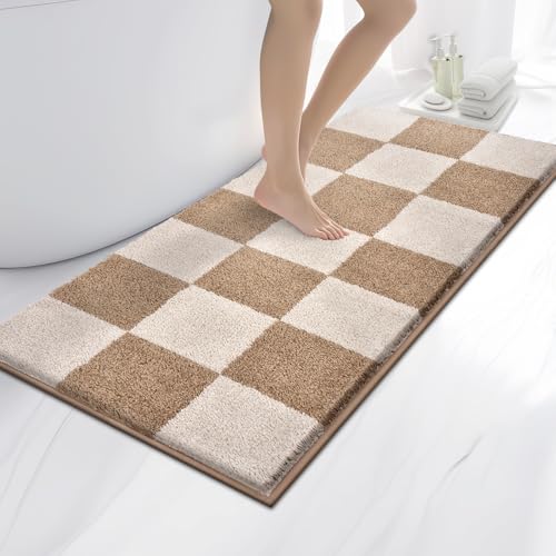 Bathroom Rugs, 24" x 60" Soft Bath Rugs, Checkered Beige & Grayish Brown | Non-Slip, Super Absorbent, Machine Washable, Quick Dry, Bath Mats for Shower and Bathtub, TPR Backing - color: Checkered-beige & Grayish Brown, size: 24" X 60"