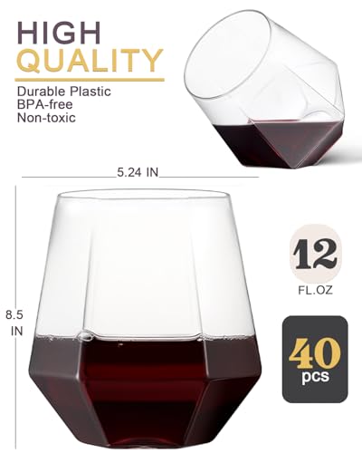 40 Pack Plastic Wine Glasses, 12 Oz Disposable Cocktail Whiskey Glasses | Clear Diamond Stemless Champagne Margarita Glasses, Unbreakable Reusable Plastic Party Cups for Wedding Birthday - color: Clear-40 Pack
