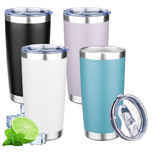 20oz Tumbler with Lid Double Wall Vacuum Insulated Travel Coffee Mug Stainless Steel Thermal Cup Powder Coated Sturdy Coffee Tumbler Bulk for Hot and Cold Beverages (Black-Glacier-Purple-White,4) - color: Black-Purple-Glacier-White, size: 20 Ounces (4 Pac