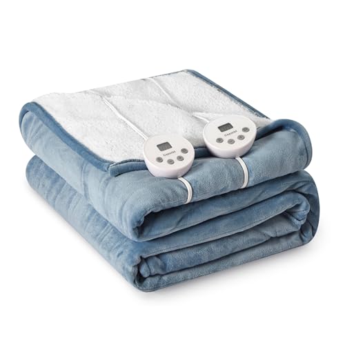 Heat Blanket 84”x90” Queen Size-Dual Control,Soft Flannel & Sherpa Electric Blanket with 10 Heat Settings,12 Timer Setting and 8 Hours Auto-Off,ETL Certified Machine Washable,Light Blue - color: Light Blue, size: 84*90in