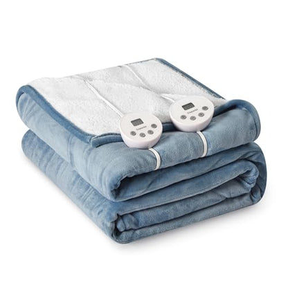 Heat Blanket 84”x90” Queen Size-Dual Control,Soft Flannel & Sherpa Electric Blanket with 10 Heat Settings,12 Timer Setting and 8 Hours Auto-Off,ETL Certified Machine Washable,Light Blue - color: Light Blue, size: 84*90in