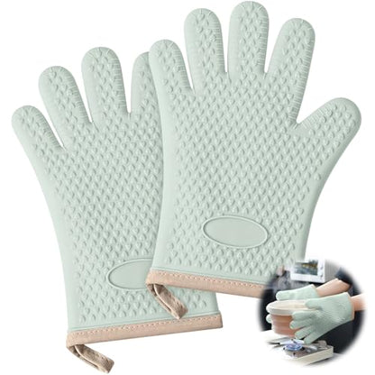 1 Pair Oven Mitts, Heat Resistant Protective Oven Gloves, Cotton Lined Silicone Kitchen Mitts Pair, Nonslip Silicone Cooking Gloves with Fingers (Mint Green) - color: Mint Green