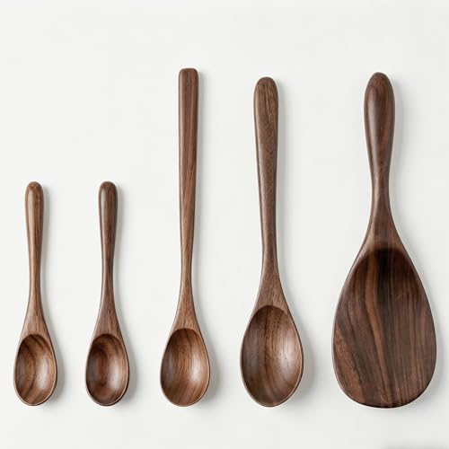 5 Pcs Black Walnut Wooden Spoons Set, Natural Wood Cooking Spoon Non Toxic Kitchen Utensils for Mixing Salad, Stirring Coffee, Eating Dessert and Soup, Serving Cookware Walnut Kitchen Accessories