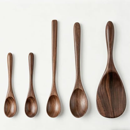 5 Pcs Black Walnut Wooden Spoons Set, Natural Wood Cooking Spoon Non Toxic Kitchen Utensils for Mixing Salad, Stirring Coffee, Eating Dessert and Soup, Serving Cookware Walnut Kitchen Accessories