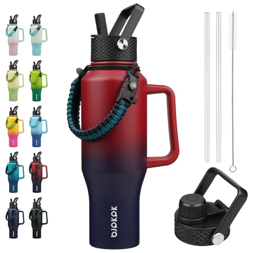 BJPKPK 35oz Insulated Water Bottle with Handle & Straw Lid, Stainless Steel | Vacuum Insulated with Straw Lid & Spout Lid, Paracord Strap, Keep Cold & Hot, Leak-Proof, BPA-Free, for Gym, Hiking, Travel - color: Charming Red, style: 35oz-Side Handle