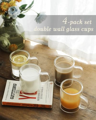 LIBWYS 12oz Double Wall Coffee Mugs (4-Pack) - Insulated Borosilicate Glass Cups with Handle for Espresso, Cappuccino, Latte - Heat Resistant, Dishwasher Safe Hot/Cold Beverage Glasses 350ml - size: 4x12oz clear mugs