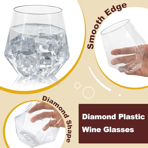 Goodluck 40 PCS 12oz Diamond Stemless Clear Plastic Wine Whiskey Glasses | Disposable Cocktail Glasses, Suitable for Weddings, Birthday Parties, Family Gatherings, Bars, etc - color: Clear