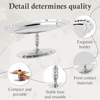 Footed Serving Tray Stainless Steel Dessert Display Platter | Stainless Steel Tray for Fruits Snacks Cupcakes and Appetizers, Decorative Oval Footed Display Plate for Parties Home Decor