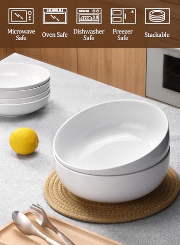 Pasta Serving Bowls 120 Ounce 9.7” Large Serving Bowls, Porcelain Salad Bowls for Kitchen, Big White Soup Bowls, Oven Dishwasher Safe, Set of 2 | Smooth Glaze, Easy-Clean, Stackable, Oven/Microwave/Dishwasher/Freezer Safe, Deep enough for Soup, Fruit, and
