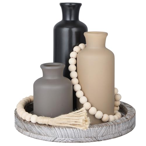 5 Pcs Rustic Country Tabletop Centerpieces Decor Set of 3 Boho Ceramic Vases with Wooden Serving Tray Wood Bead Garland Tassels Table Holder for Home Decorations (Dark Color) - color: Dark Color