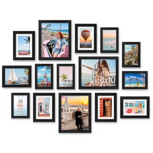 decorUhome 15 Pack Assorted Picture Frame Set for Wall & Tabletop, PF15BK | Black, Includes Three 8x10 / Six 5x7 / Six 4x6 Multi Size, MDF Frame with Plexiglass Cover - color: Black