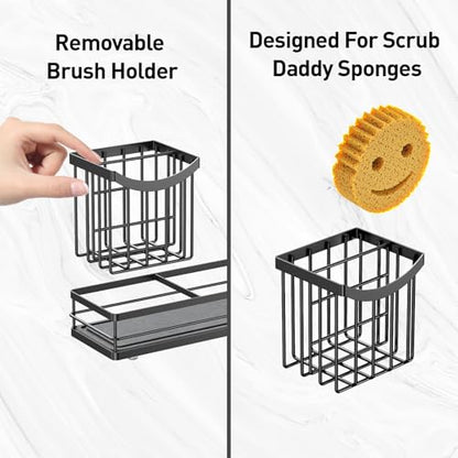 Moforoco Kitchen Dish Soap Dispenser Set, 16OZ Glass Bottle, Hand and Dish Soap Dispenser Set, Instant Dry Tray, Brush Holder with Smiley Face Sponge Holder (Universal Black Tray+Black&White Bottle) - color: Universal Black Tray+black&white Bottle