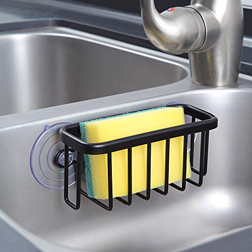 SunnyPoint NeverRust Kitchen & Bathroom Sink Caddy for Sponges, Scrubbers, Soap, 6" x 2.5" x 2.65", with Adhesive Mount - Additional Suction Cup Included –Aluminum (Black) - color: Black