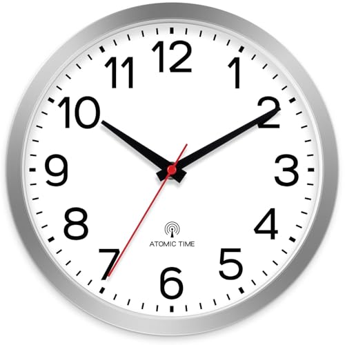 AKCISOT 10 Inch Wall Clock, Silent Battery Operated Analog Clock, Silver | Atomic | Classroom | Kitchen | Office | Easy to Read Numbers | Garage - color: Atomic_silver White, size: 10 Inch
