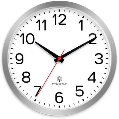 AKCISOT 10 Inch Wall Clock, Silent Battery Operated Analog Clock, Silver | Atomic | Classroom | Kitchen | Office | Easy to Read Numbers | Garage - color: Atomic_silver White, size: 10 Inch