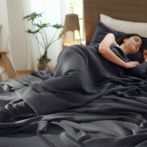 MooMee 100% Cotton Muslin Blanket, Fringed 4-Layer Gauze Bed Throw Blankets | Soft Breathable Lightweight Thin Coverlet Summer Blankets for Adults, Bed & Couch All Seasons, Dark Grey, 108" x 98" - color: Dark Grey, size: Super King