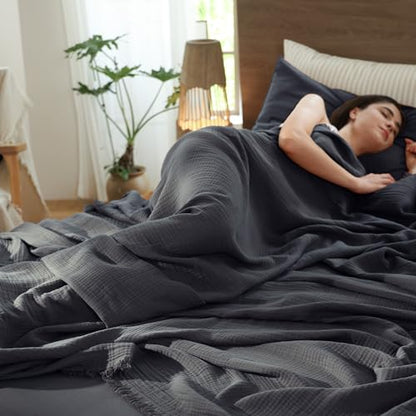 MooMee 100% Cotton Muslin Blanket, Fringed 4-Layer Gauze Bed Throw Blankets | Soft Breathable Lightweight Thin Coverlet Summer Blankets for Adults, Bed & Couch All Seasons, Dark Grey, 98" x 98" - color: Dark Grey, size: Oversize Queen