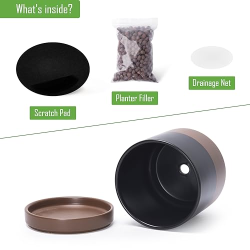 D'vine Dev 2-Pack Ceramic Pots with Saucers, Black/Tan, 4/6 in, 94-G-S-7 | Glazed Ceramic, Drainage Hole, Perfect-Fit Saucer, Sleek Cylinder Shape, High Temperature Fired, Elegant Home Accent - color: Black/Speckled Tan, size: Small