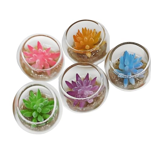 4 Pcs Assorted Color Glass Miniature Succulent Pots – Tiny Artificial Flower Potted Plants for Dollhouse Decoration, DIY Craft, Micro Garden Display, Miniature Home Accessories & Tabletop Ornaments