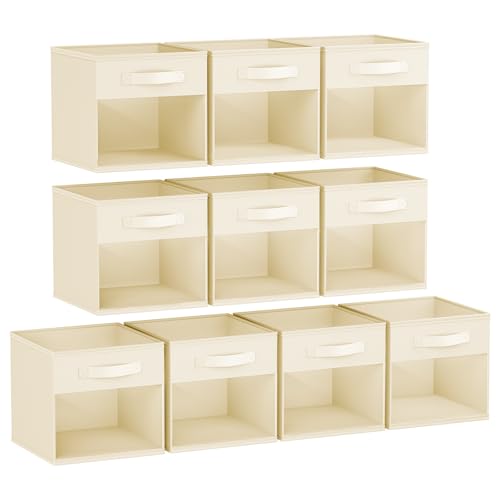 DIMJ Storage Cubes, Cube Storage Bin, 10 Pack Foldable Storage Cubes with Window, Closet Storage Bins with Handle, 11x 11 inch Storage Box for Clothes, Toys, Books - color: Beige, size: 10.6 Inch.- 10 Pack