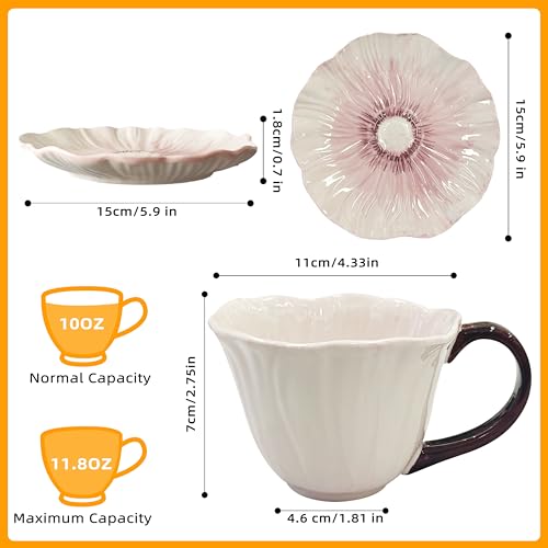 10 oz Tea Cups and Saucers, Ceramic Flower-shaped Cappuccino Cup, Latte Cup and Saucer set, elegant floral Espresso Cup set, Suitable for microwave and dishwasher-Purple - color: Purple