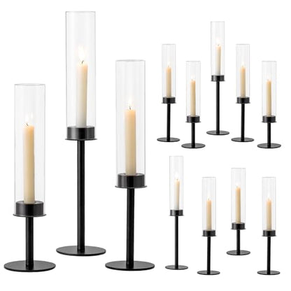 Hewory Black Candlestick Holders Hurricane Candle Holder, 12Pcs Candle Stick Candle Holder Candelabra, Taper Candle Holders with Glass Candle Cover for Wedding Table Centerpiece Christmas Decor | Elegant Tall Taper Candle Holders at 3 different heights, T