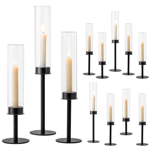 Hewory Black Candlestick Holders Hurricane Candle Holder, 12Pcs Candle Stick Candle Holder Candelabra, Taper Candle Holders with Glass Candle Cover for Wedding Table Centerpiece Christmas Decor | Elegant Tall Taper Candle Holders at 3 different heights, T