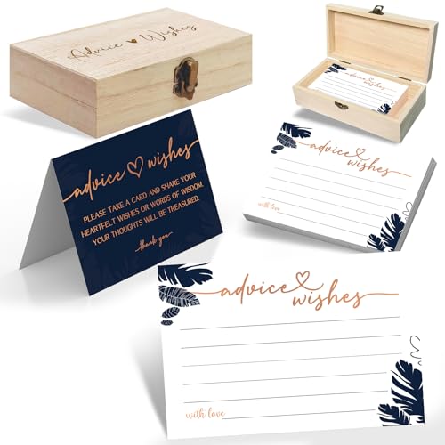 Navy Blue Advice and Wishes Cards with Decorative Wood Box - 60 Pack Tropical Palm Leaves Message Cards - Keepsake Guest Book Alternative for Graduation, Wedding, and Anniversary - color: NAVY BLUE