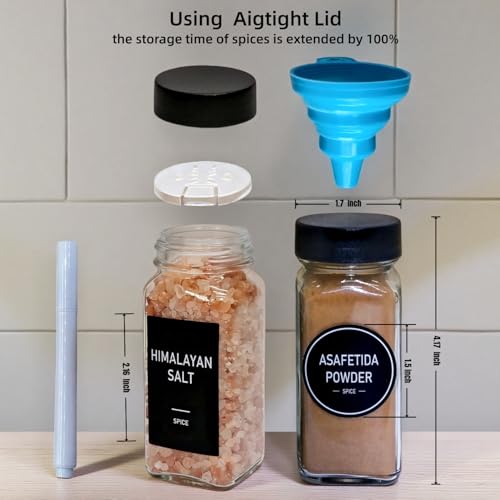 Spice Jars with Labels - 24 Glass Spice with Shaker Lids & Airtight Plastic Caps - 4oz Complete Seasoning Containers Organizer Set for Cabinet, Drawer & Rack (Black) - color: Black