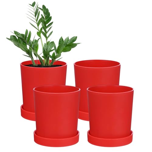 M METERXITY 4-Pack Plant Pots, 4.5 Inch Plastic Flower Pots with Drainage Holes for Cactus/Succulents Pot/Small Plants/Home/Garden, Planters for Indoor Plants [Red] - color: Red, size: Diameter 4.5 Inch